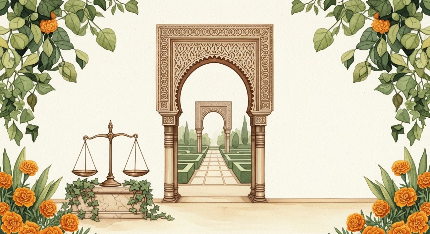 Une arche marocaine ouvrant sur un jardin ordonné, une balance posée sur un socle de pierre